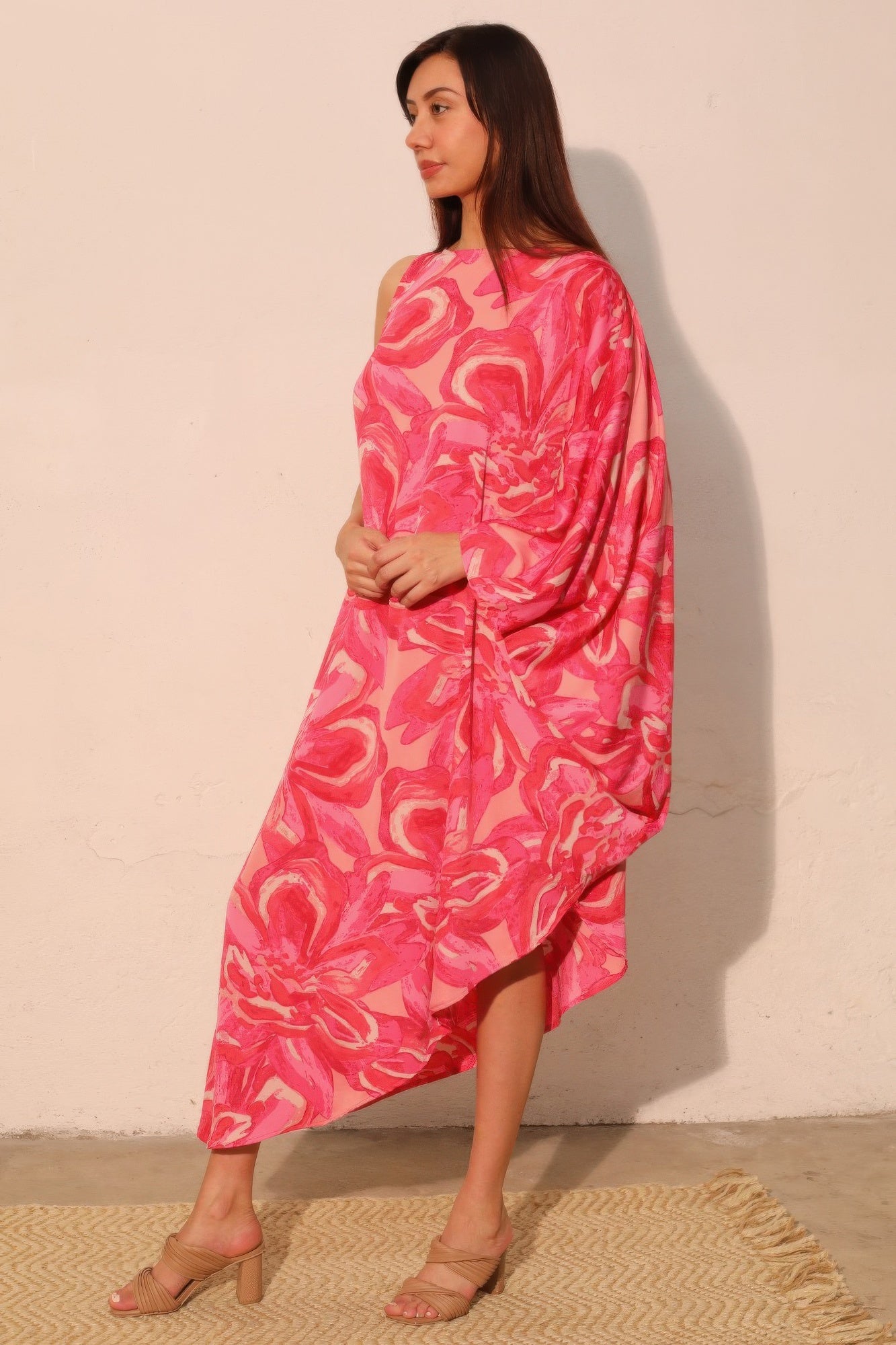 One Sleeve Chasing Petals Midi Dress -
