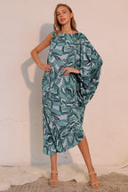 One Sleeve Chasing Petals Midi Dress - Teal