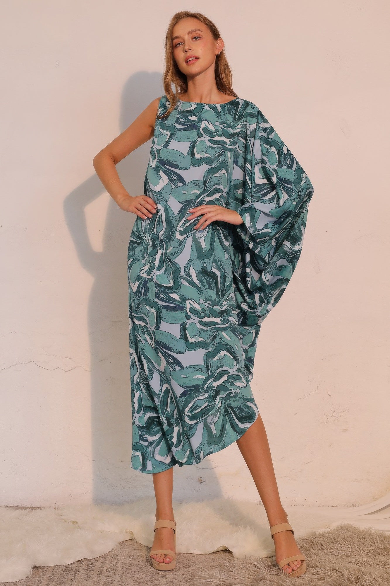 One Sleeve Chasing Petals Midi Dress - Teal
