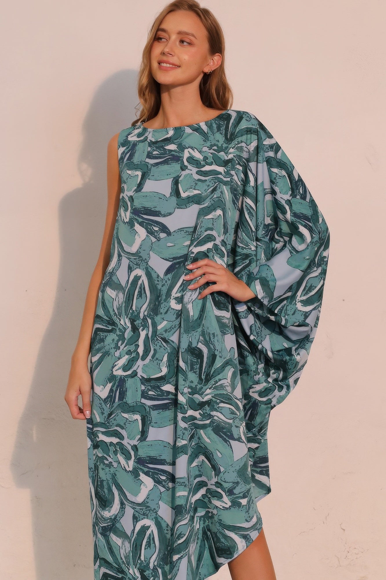 One Sleeve Chasing Petals Midi Dress -