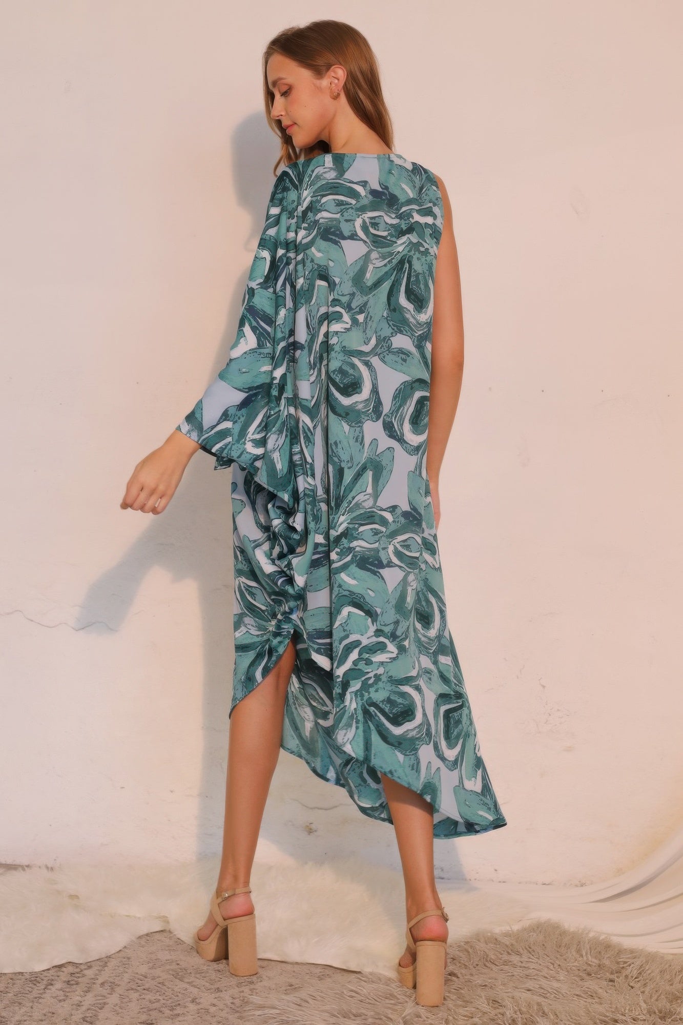 One Sleeve Chasing Petals Midi Dress -