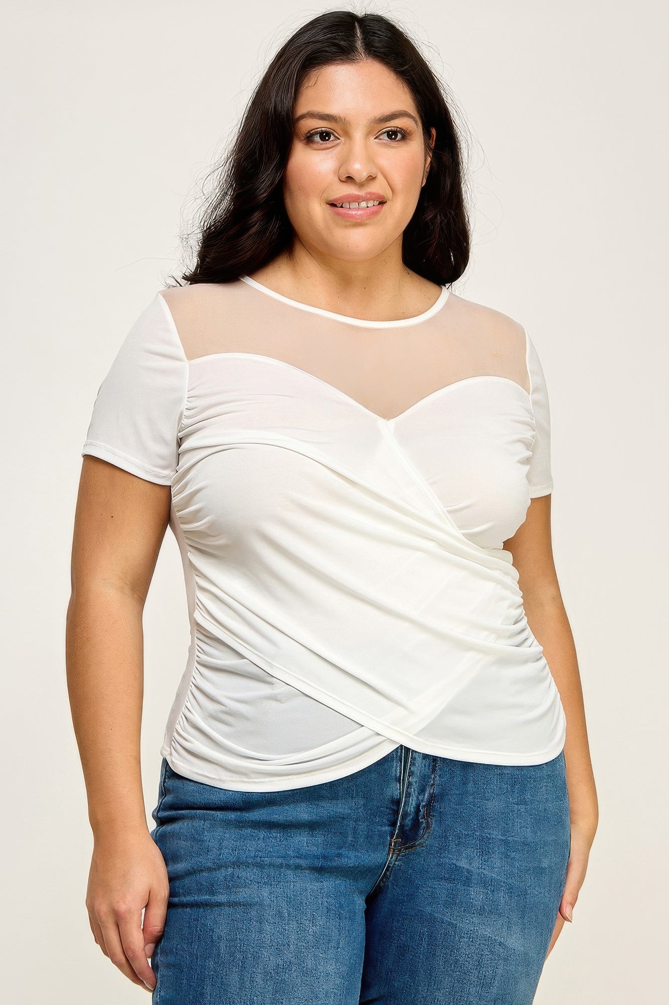 Sheer Mesh Sweetheart Wrap Top -