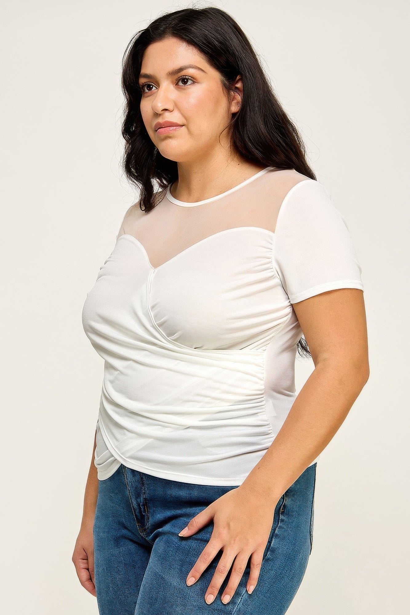 Sheer Mesh Sweetheart Wrap Top -
