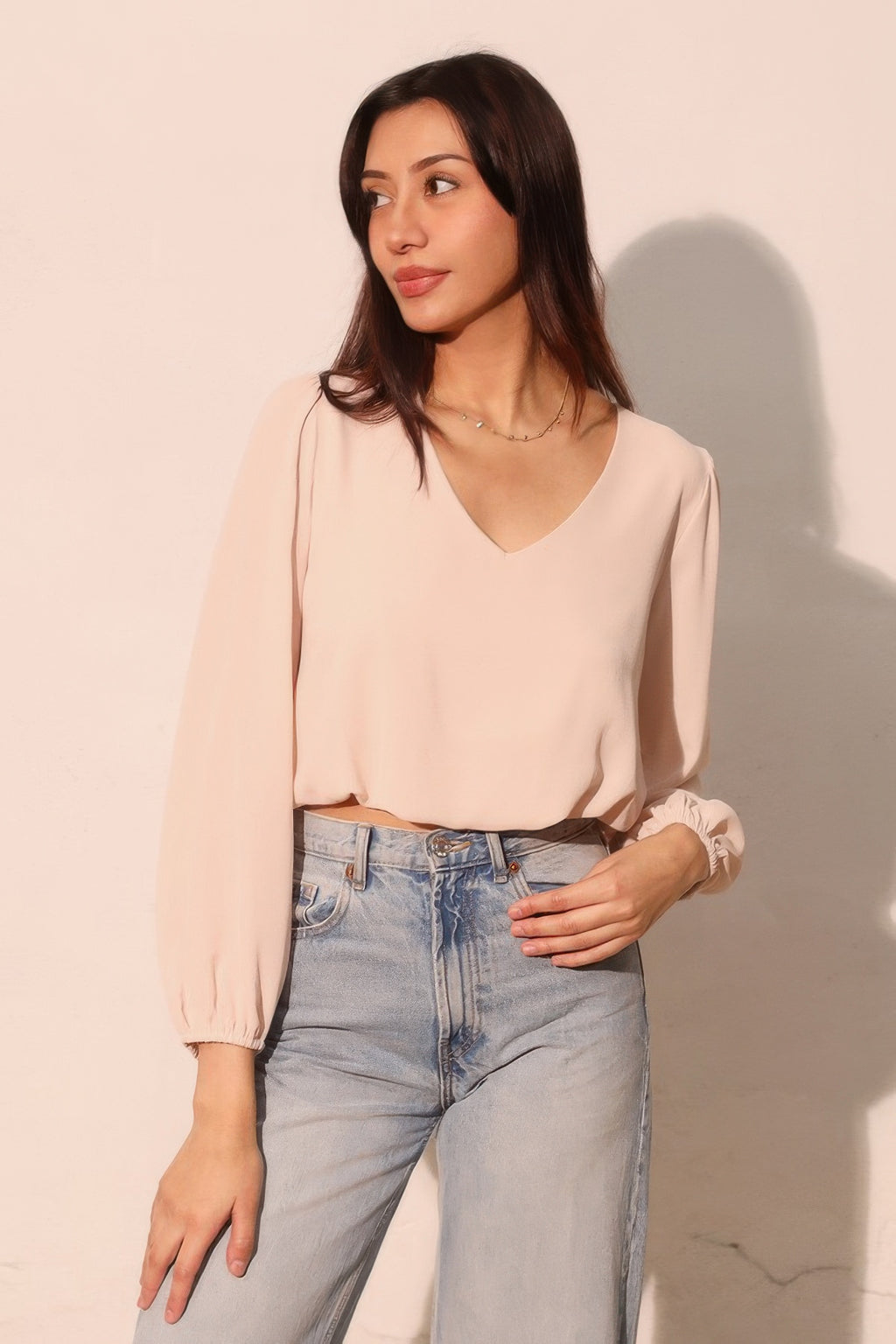 Textured V-Neck Long Sleeve Blouse - Champagne