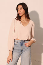 Textured V-Neck Long Sleeve Blouse - Champagne