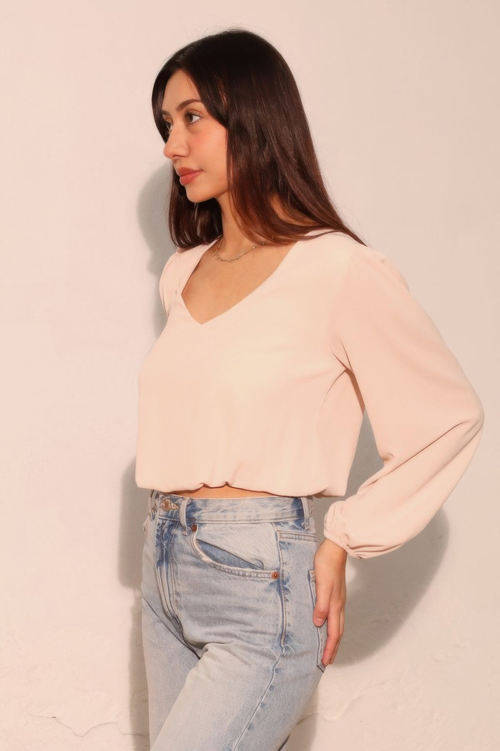 Textured V-Neck Long Sleeve Blouse -