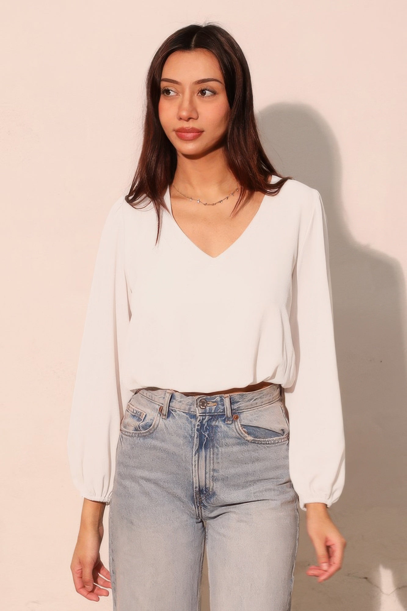 Textured V-Neck Long Sleeve Blouse - White