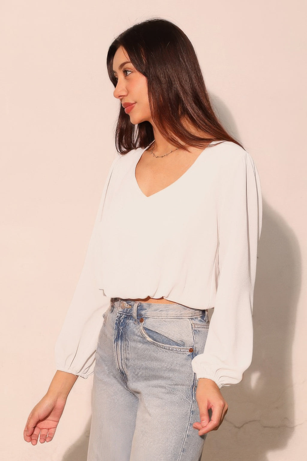 Textured V-Neck Long Sleeve Blouse -