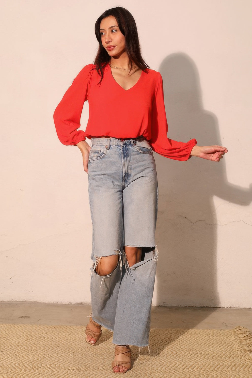 Textured V-Neck Long Sleeve Blouse -