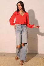 Textured V-Neck Long Sleeve Blouse -
