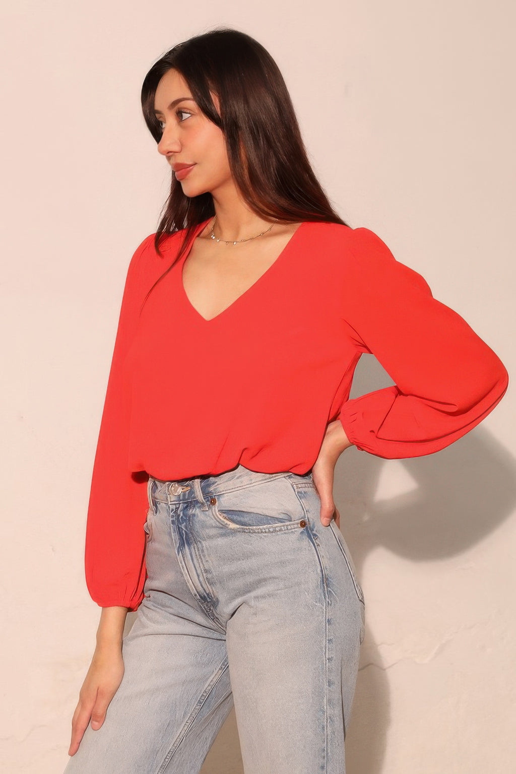 Textured V-Neck Long Sleeve Blouse -