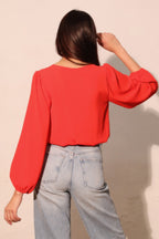 Textured V-Neck Long Sleeve Blouse -