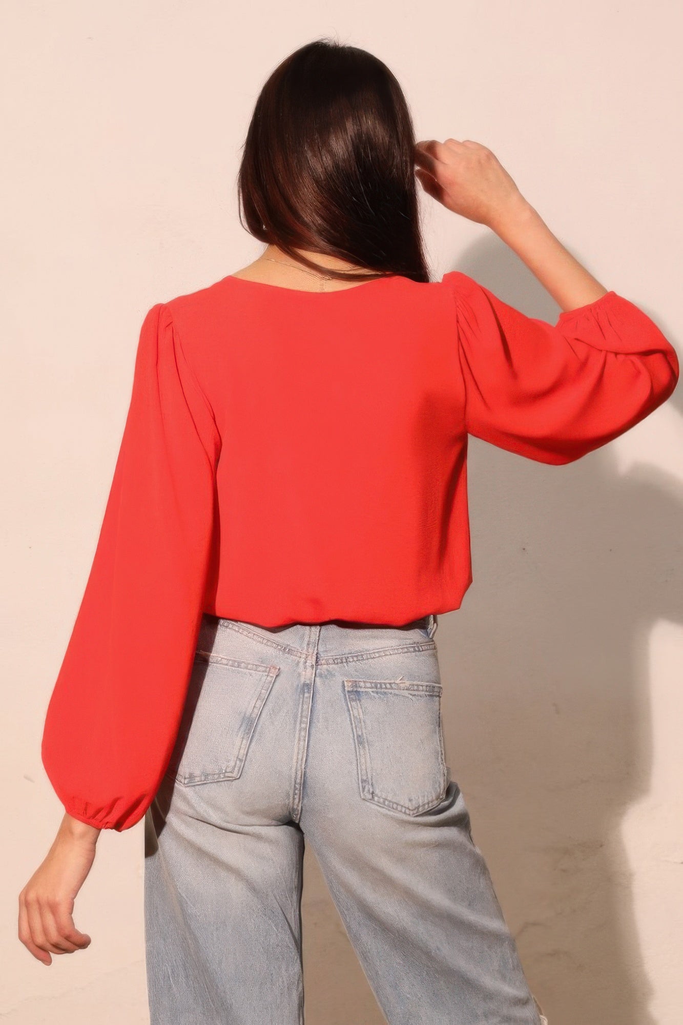 Textured V-Neck Long Sleeve Blouse -