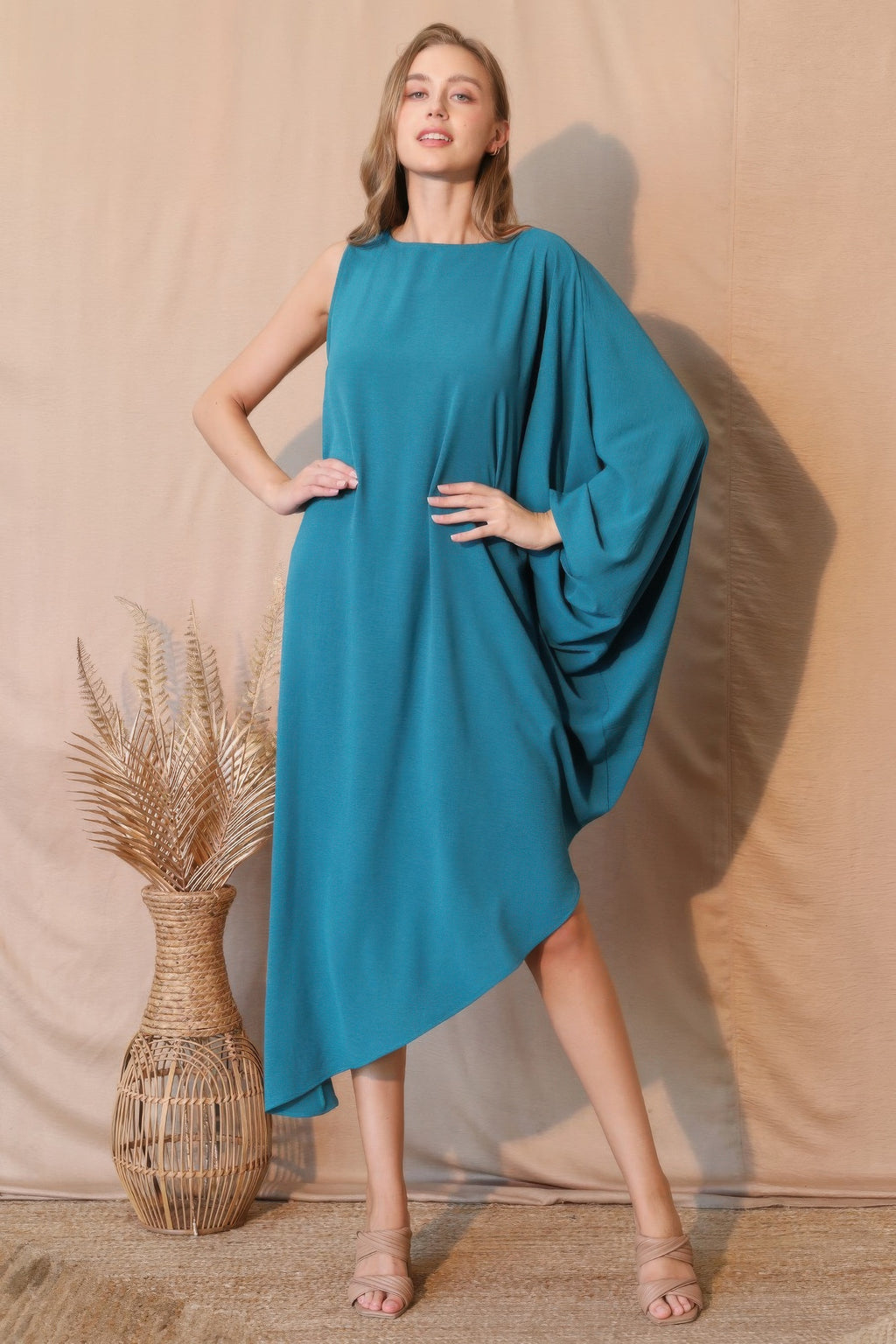 Asymmetric One Sleeve Draped Midi Dress - Teal