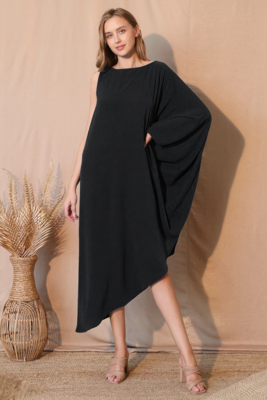 Asymmetric One Sleeve Draped Midi Dress - Black