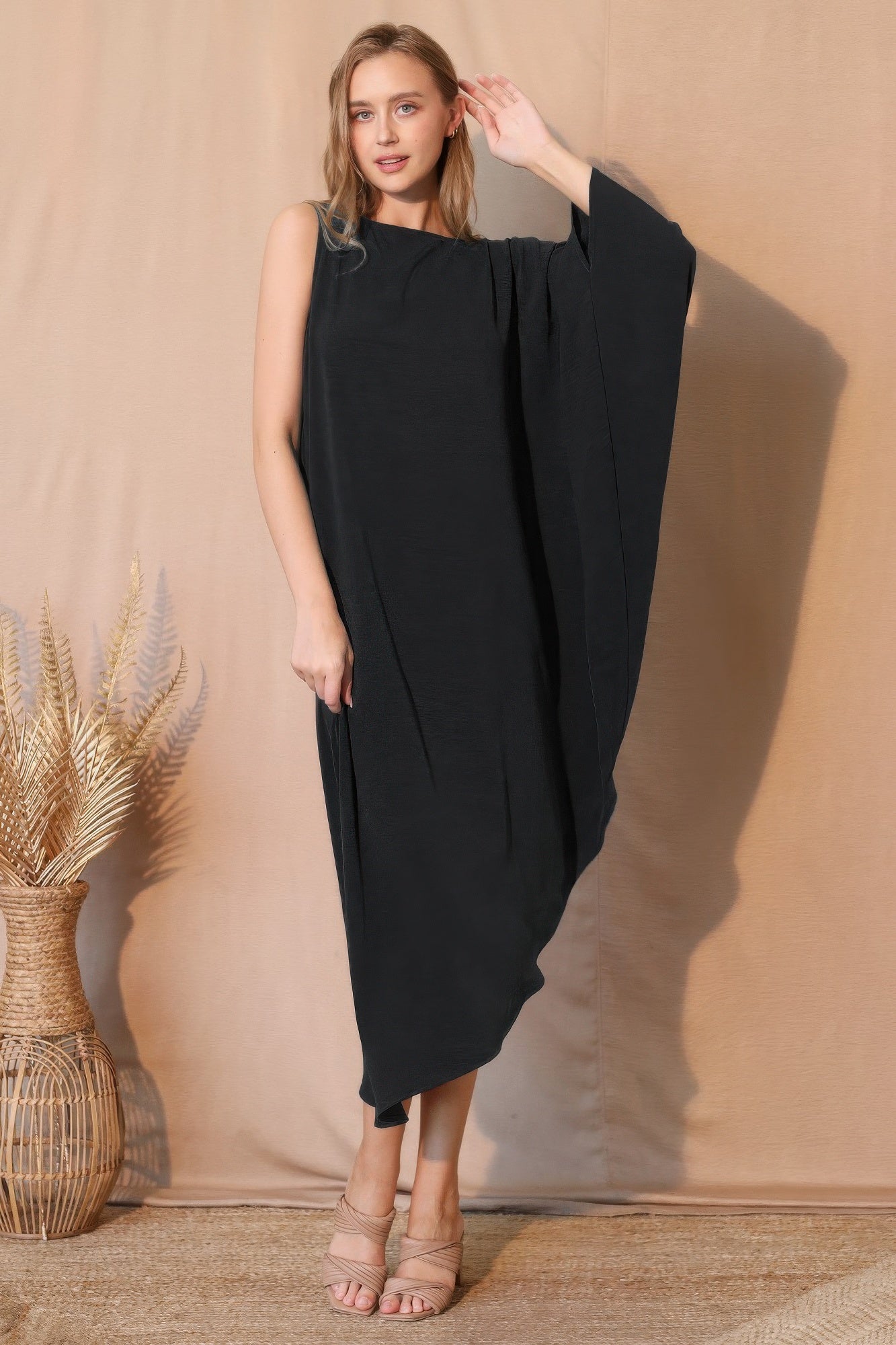 Asymmetric One Sleeve Draped Midi Dress -