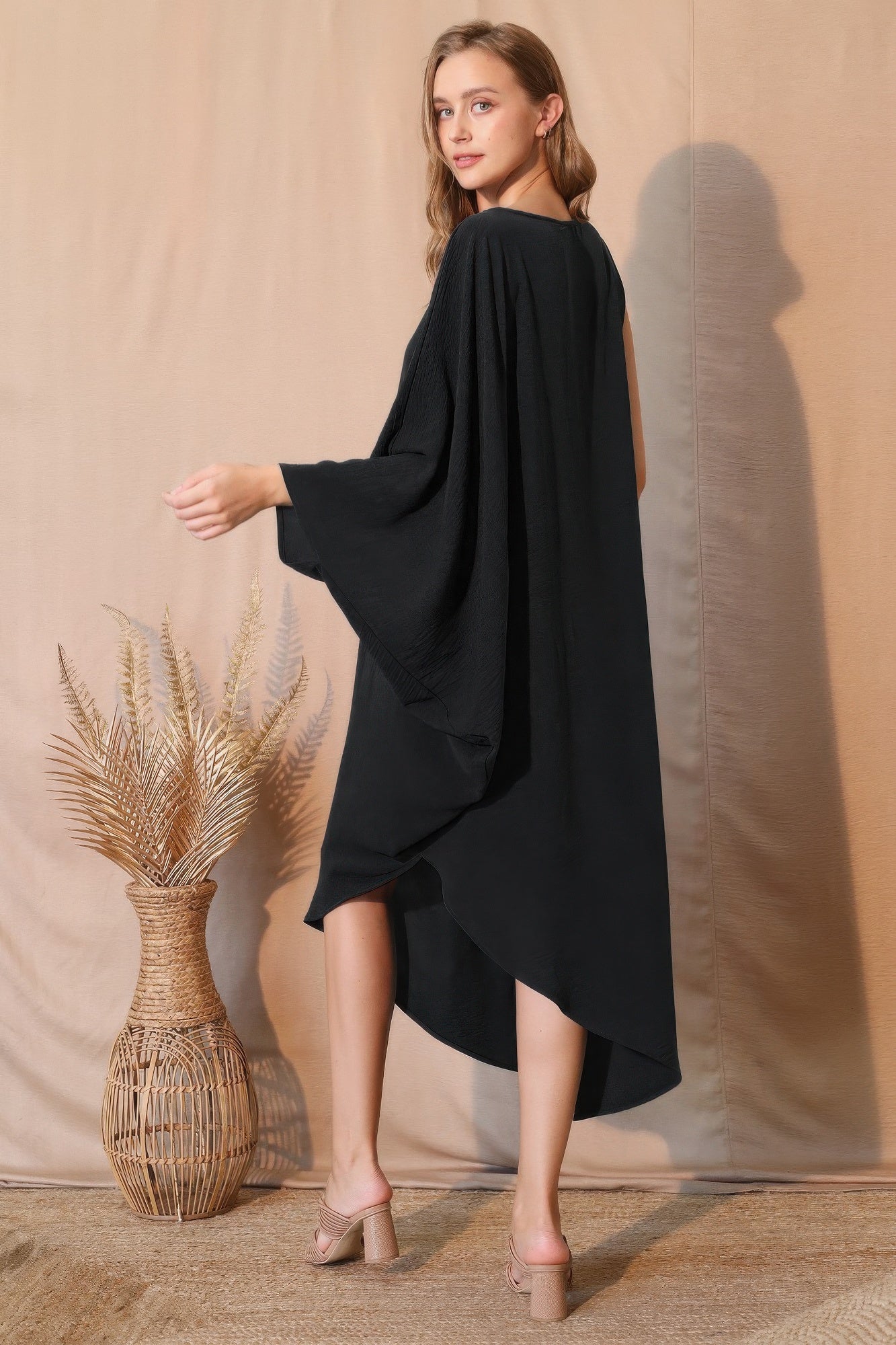 Asymmetric One Sleeve Draped Midi Dress -