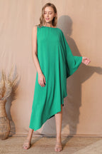 Asymmetric One Sleeve Draped Midi Dress - Green