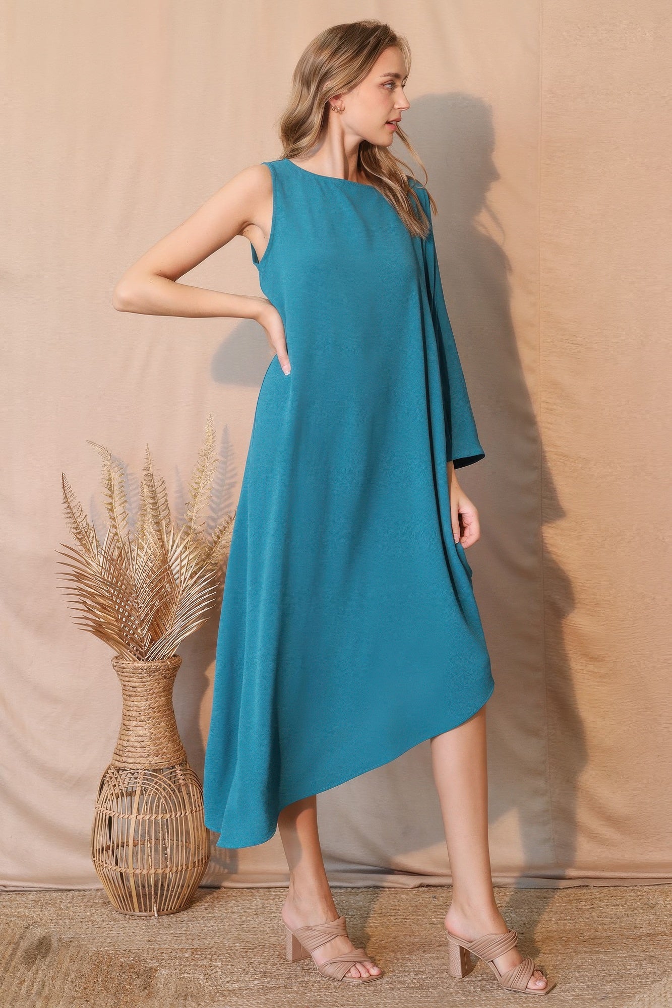 Asymmetric One Sleeve Draped Midi Dress -