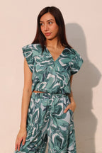 Cuffed Sleeve Crop Chasing Petals Blouse - L