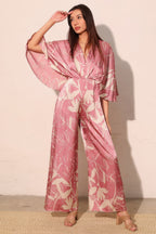 Satin Cape Sleeve Wide Leg Jumpsuit - Pink