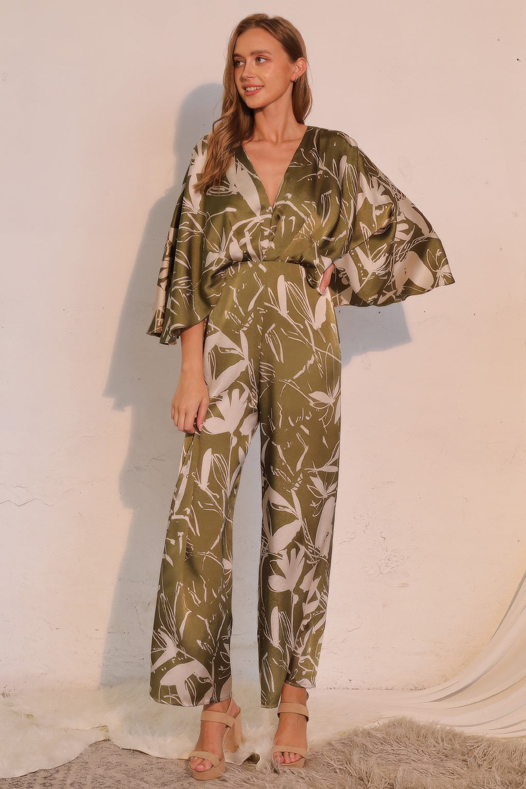 Satin Cape Sleeve Wide Leg Jumpsuit - Olive