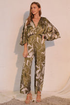 Satin Cape Sleeve Wide Leg Jumpsuit - Olive