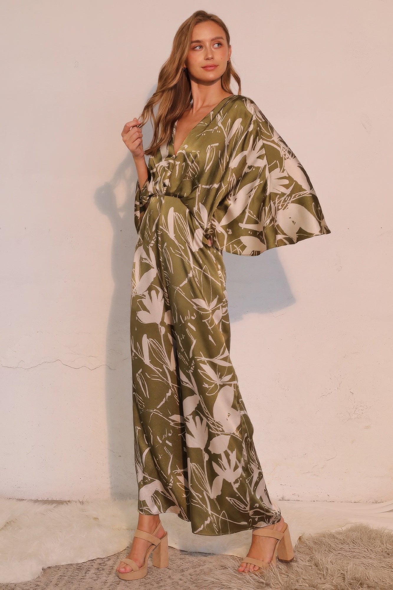 Satin Cape Sleeve Wide Leg Jumpsuit -