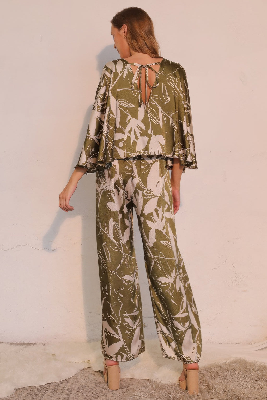 Satin Cape Sleeve Wide Leg Jumpsuit -