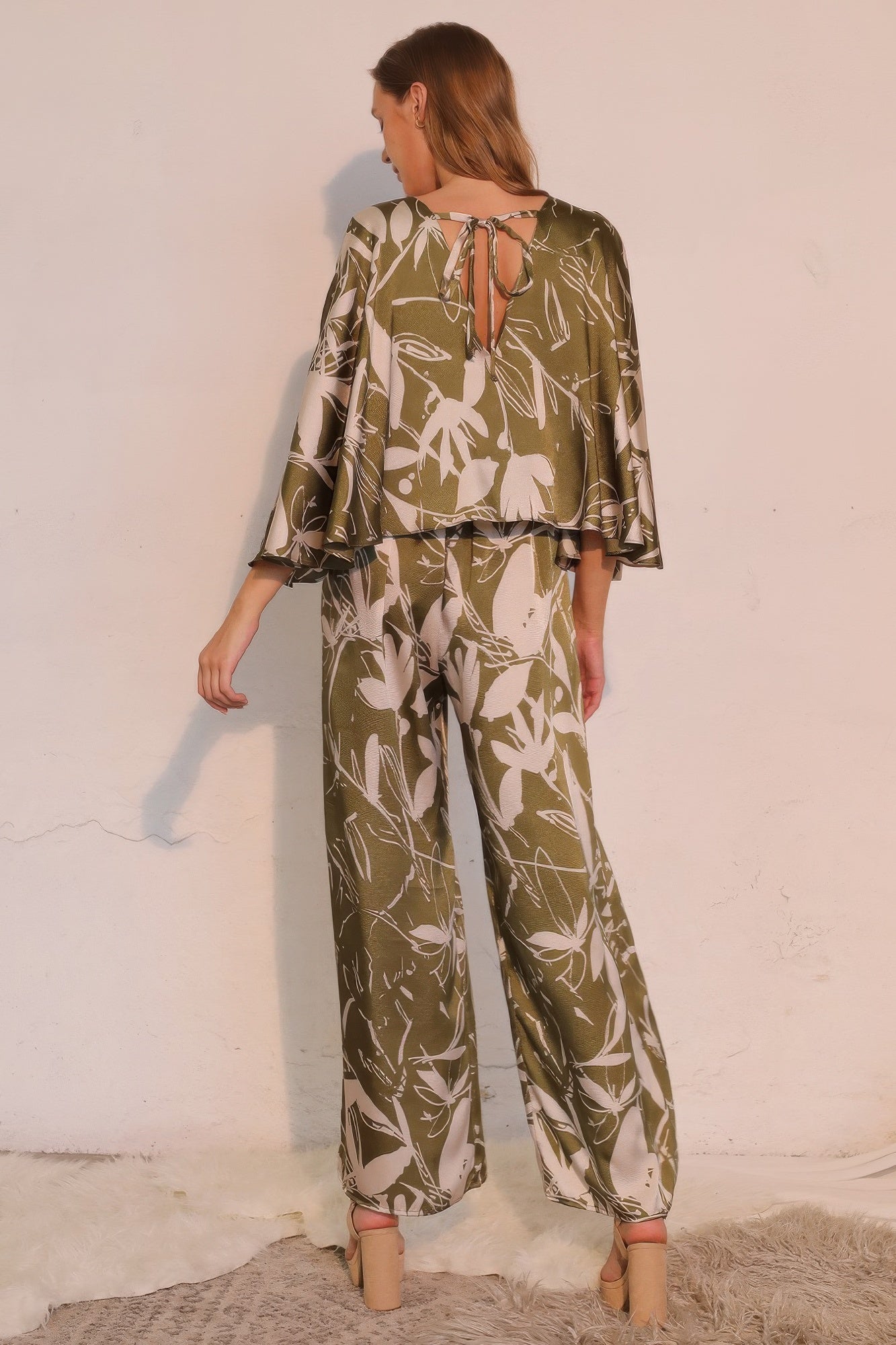 Satin Cape Sleeve Wide Leg Jumpsuit -