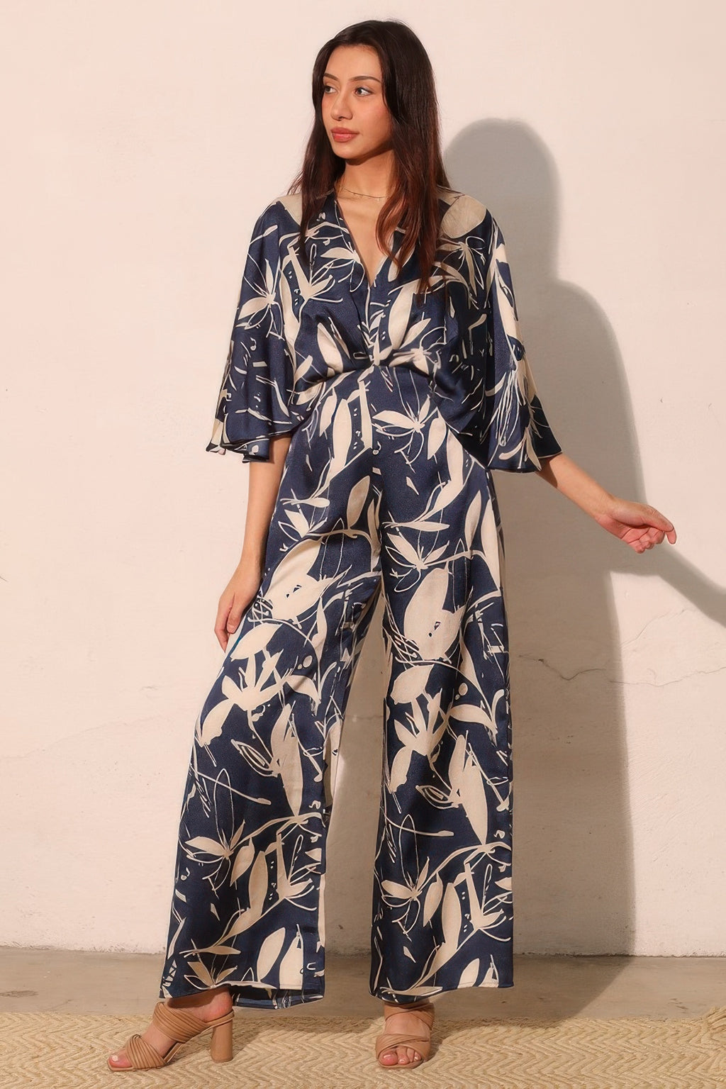 Satin Cape Sleeve Wide Leg Jumpsuit - Navy