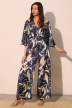 Satin Cape Sleeve Wide Leg Jumpsuit - Navy