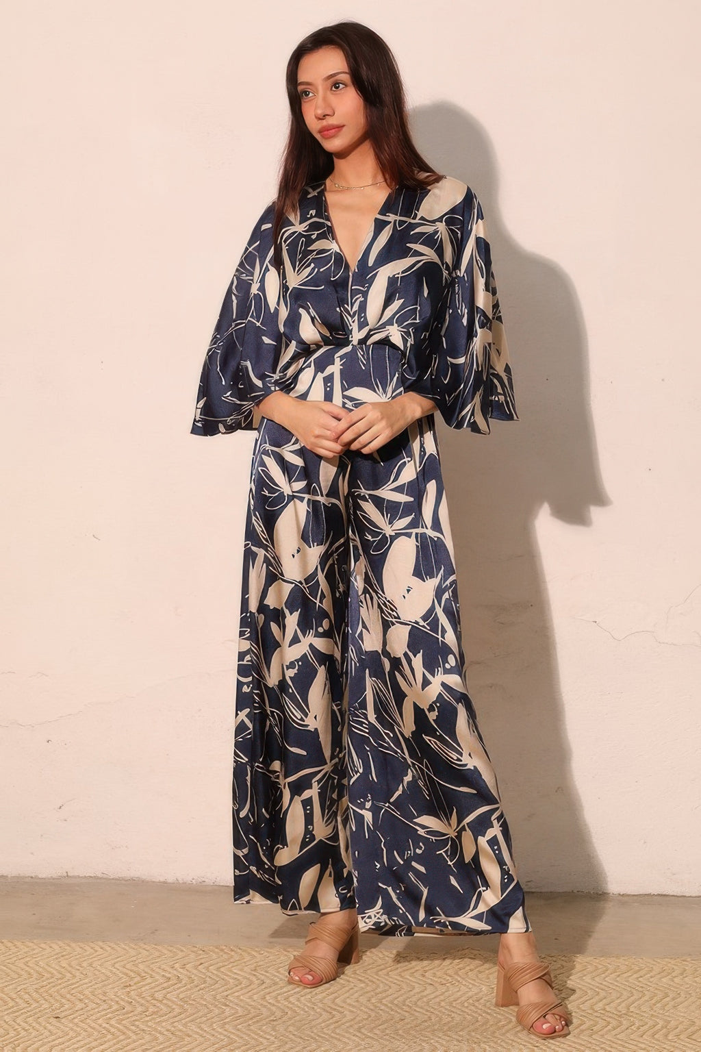 Satin Cape Sleeve Wide Leg Jumpsuit -