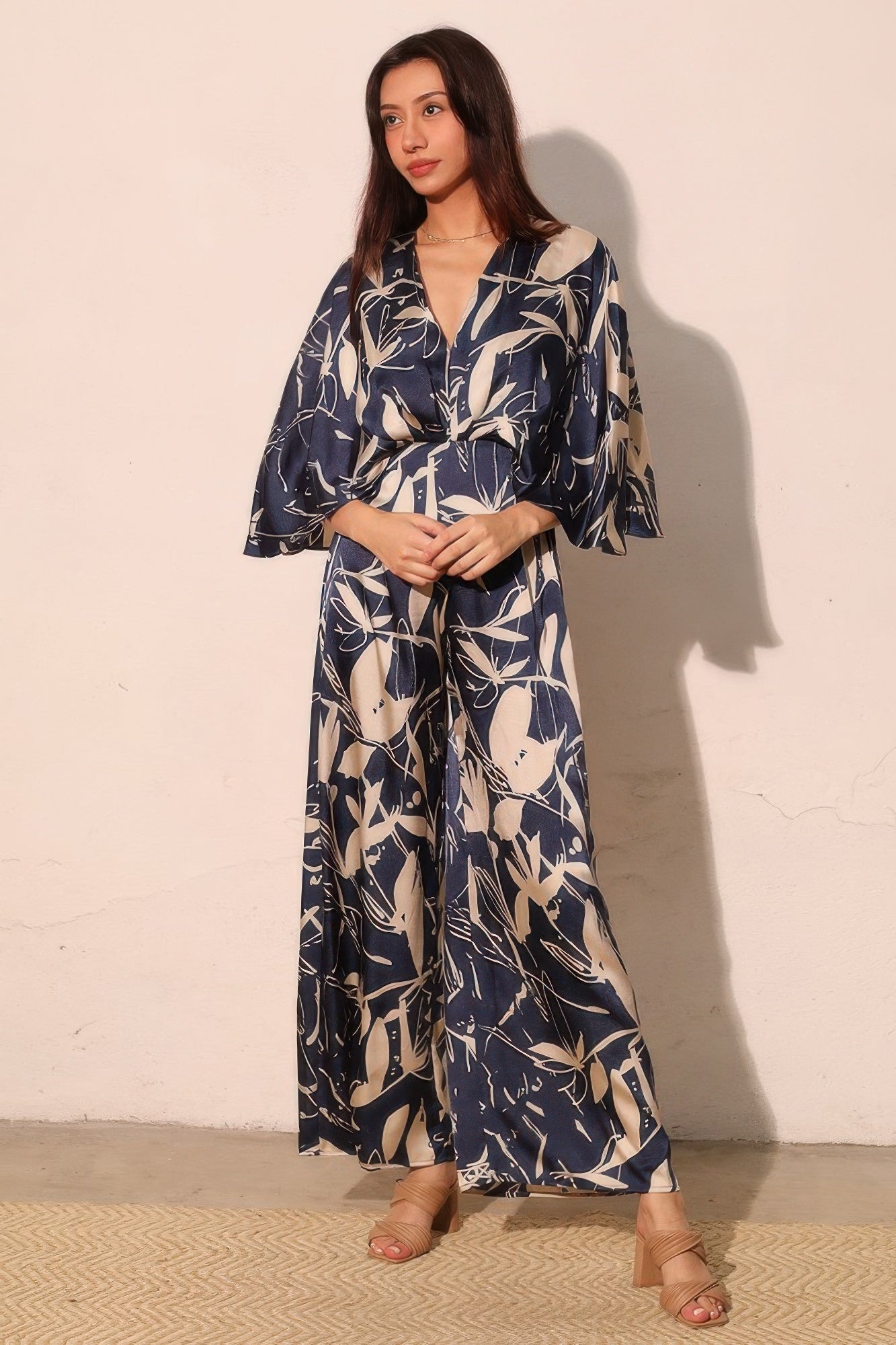 Satin Cape Sleeve Wide Leg Jumpsuit -