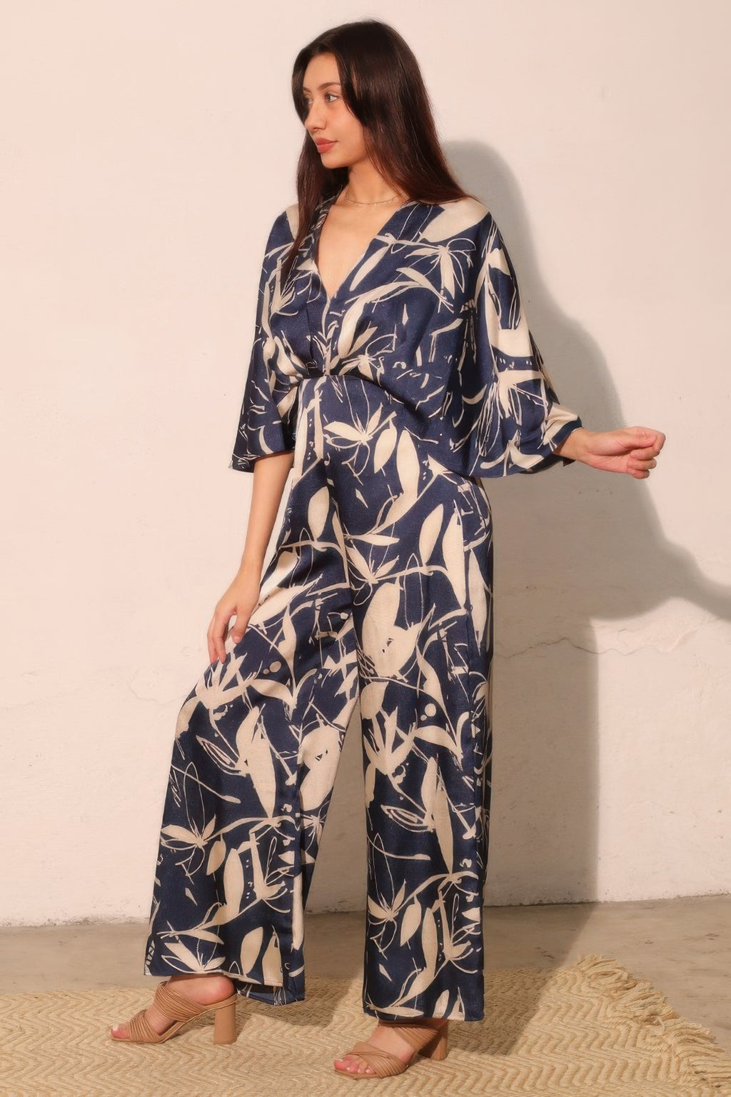 Satin Cape Sleeve Wide Leg Jumpsuit -