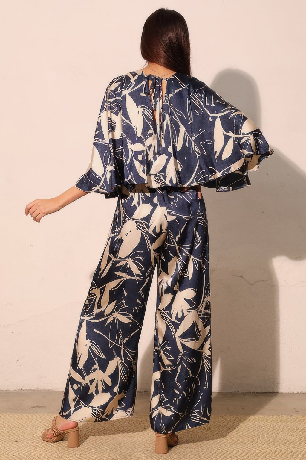 Satin Cape Sleeve Wide Leg Jumpsuit -