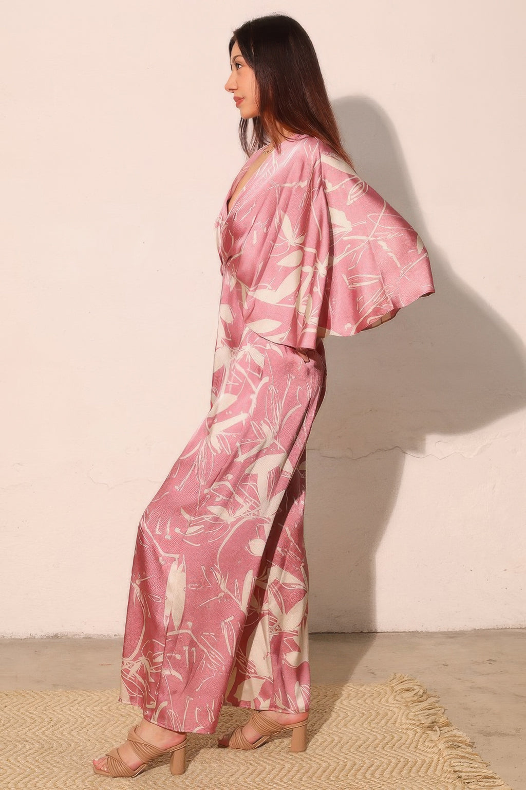 Satin Cape Sleeve Wide Leg Jumpsuit -