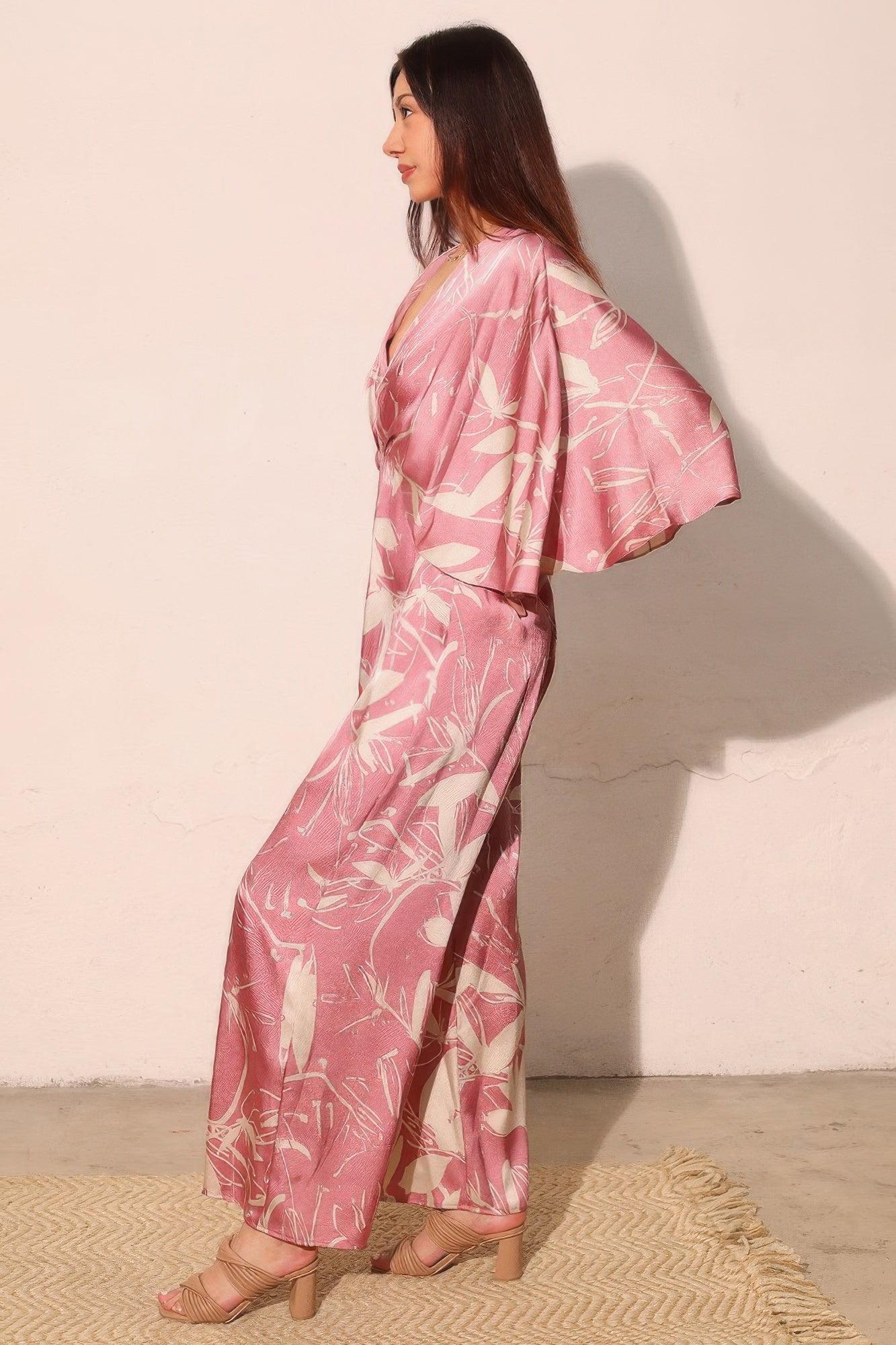 Satin Cape Sleeve Wide Leg Jumpsuit -