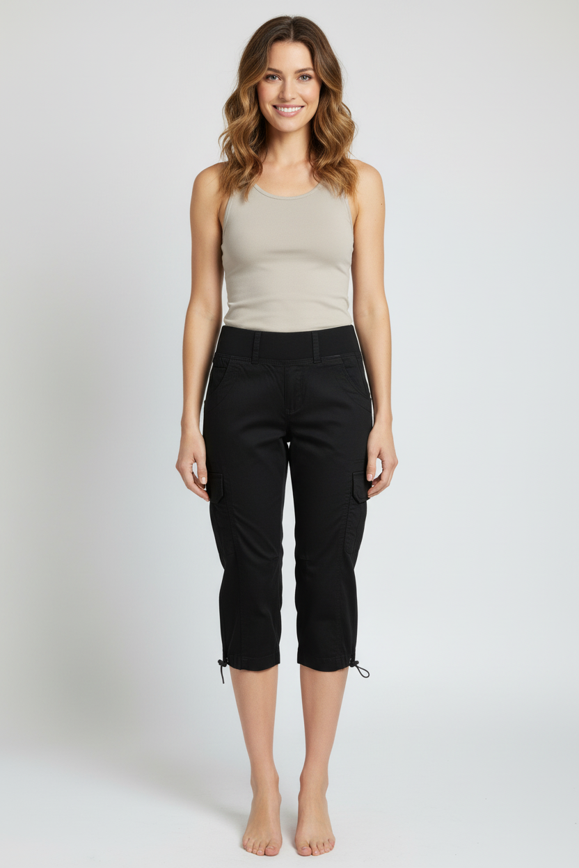 Button Detail Cargo Capri Pants - Black