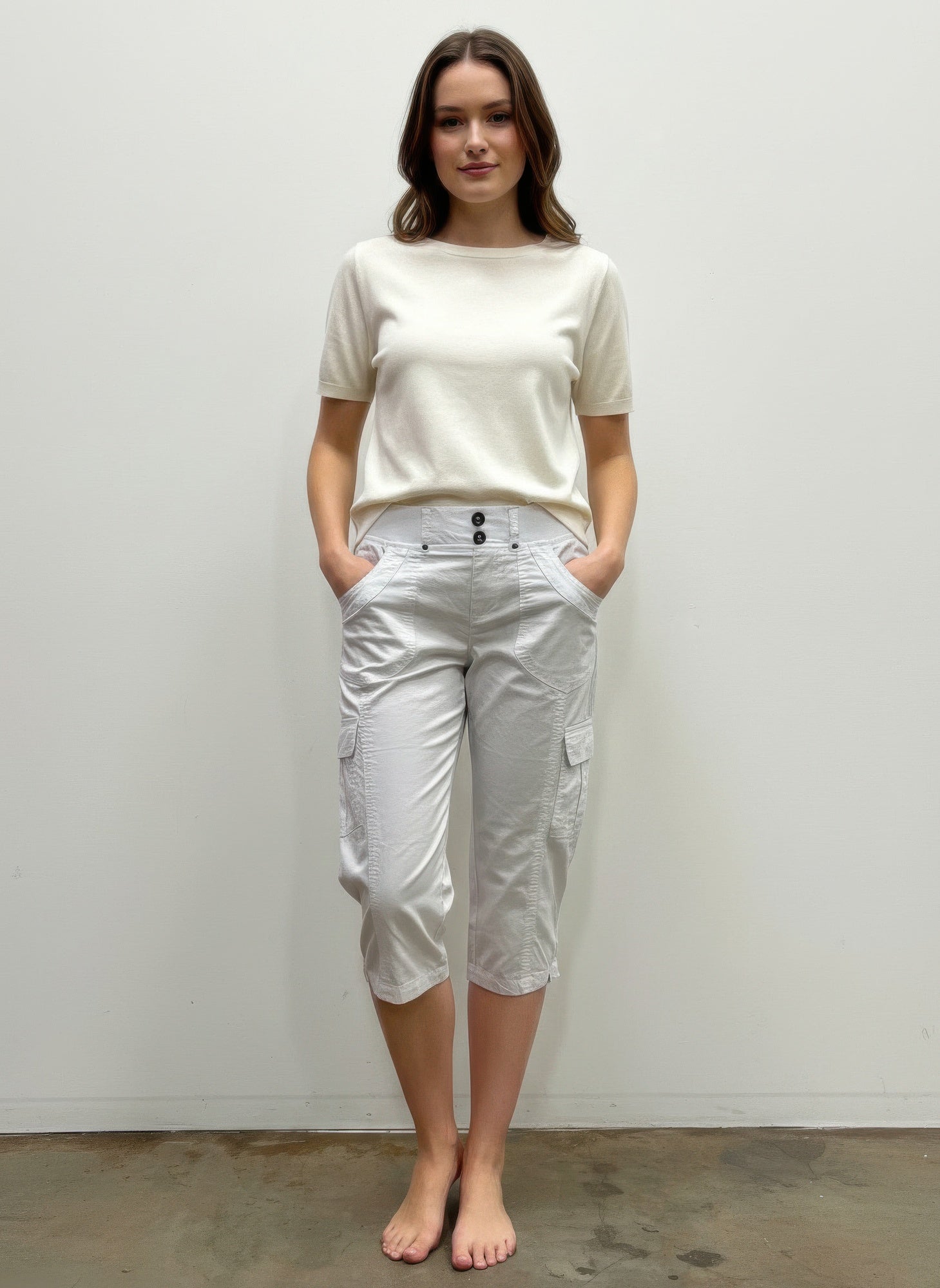 Button Detail Cargo Capri Pants - White