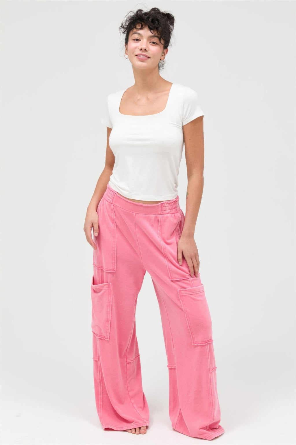 Mineral Wash Cargo Wide-Leg Pants - Taffy pink