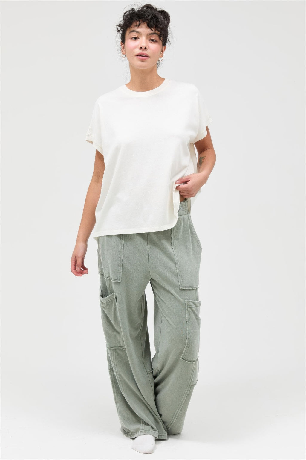 Mineral Wash Cargo Wide-Leg Pants - Sage green
