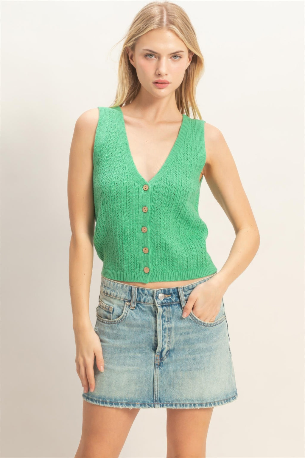 Button Front Knit Tank - Green
