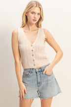 Button Front Knit Tank - Sand