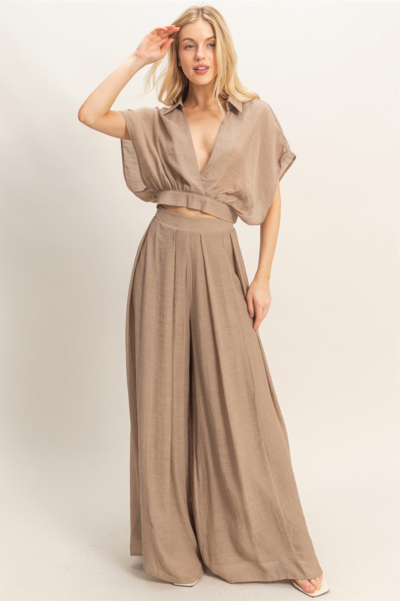 Draped Collar Wide-Leg Pants Set - Light mocha Main image