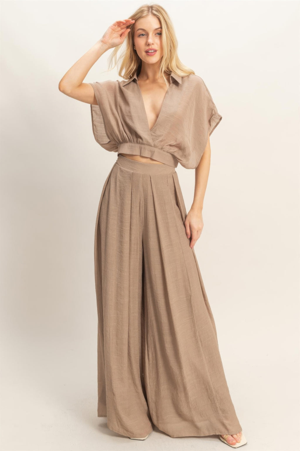 Draped Collar Wide-Leg Pants Set - Light mocha