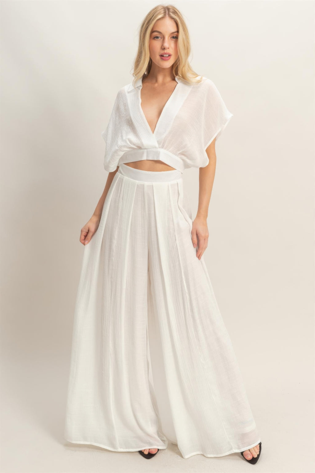 Draped Collar Wide-Leg Pants Set - White