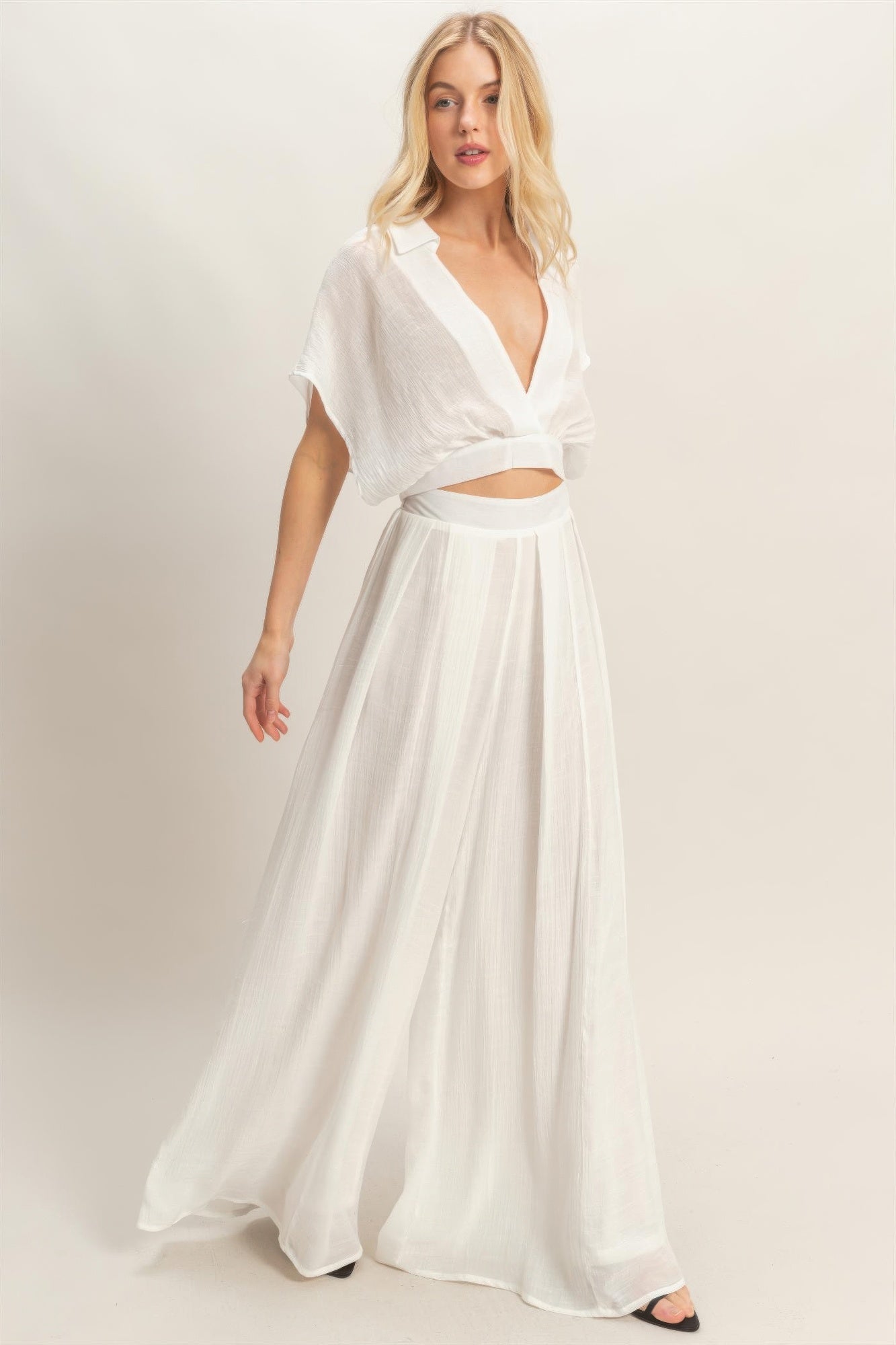 Draped Collar Wide-Leg Pants Set -