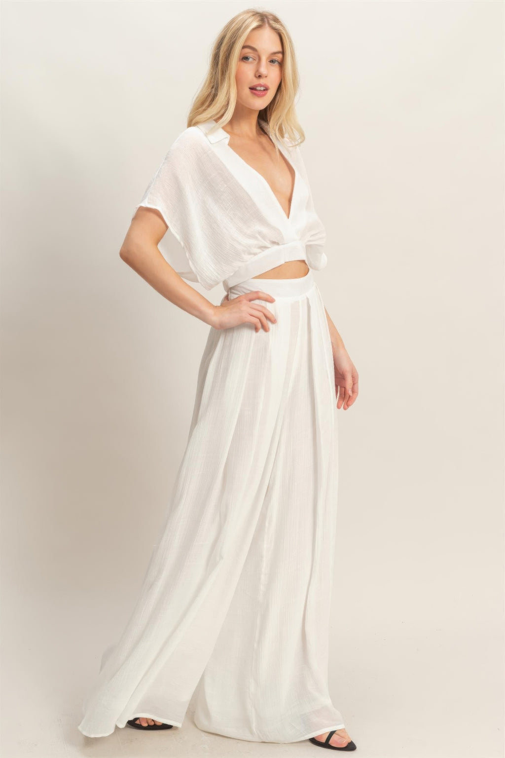 Draped Collar Wide-Leg Pants Set -