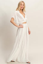 Draped Collar Wide-Leg Pants Set -